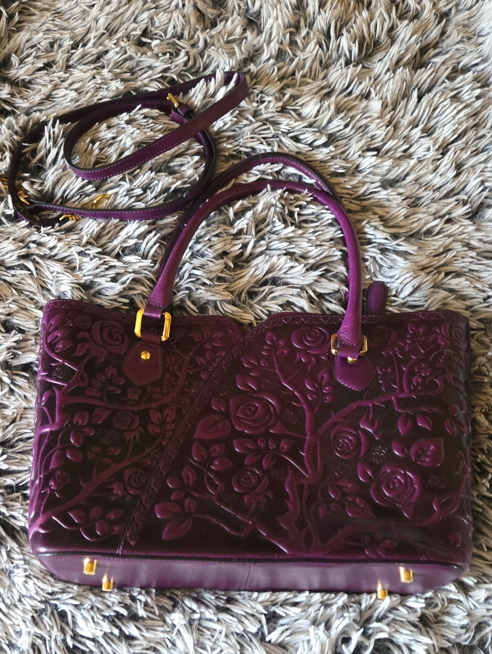 Elegant Embossed Floral Leather Tote Bag in Deep Plum